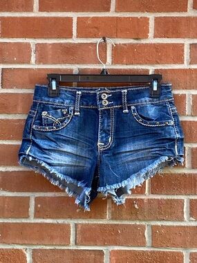 Y2K Zanadi Dark Blue Distressed Denim Shorts with Frayed Hem